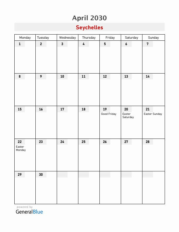 Seychelles April 2030 Calendar with Holidays
