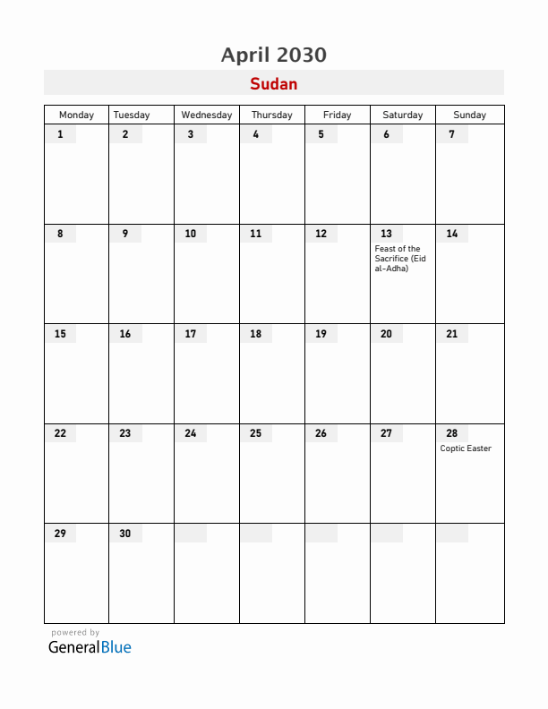 Sudan April 2030 Calendar with Holidays