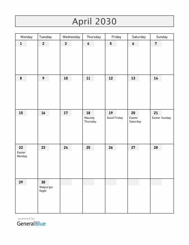 Sweden April 2030 Calendar with Holidays