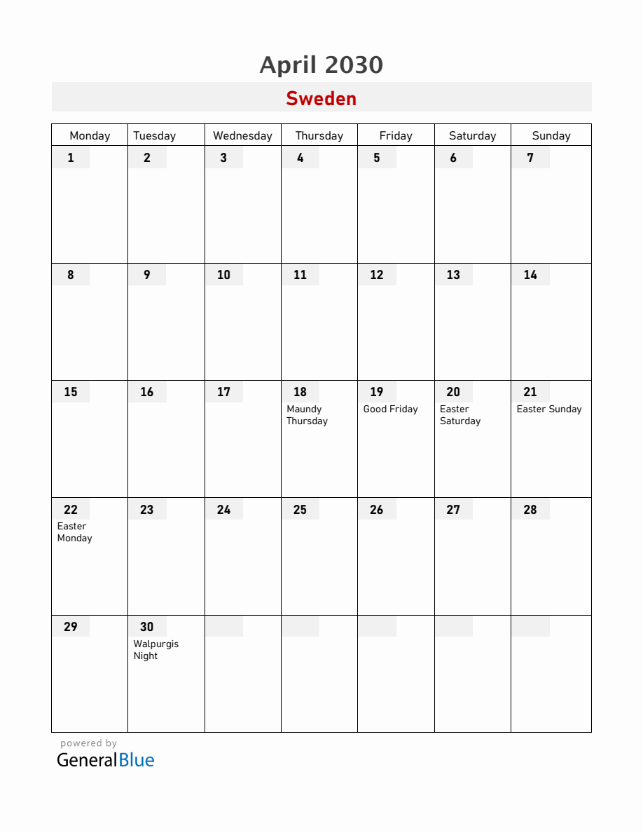 Sweden April 2030 Calendar with Holidays (Monday Start)