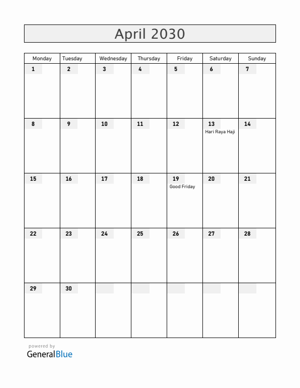 Singapore April 2030 Calendar with Holidays