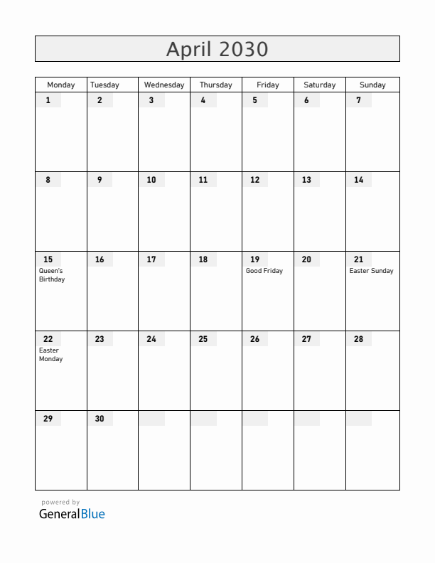 Saint Helena April 2030 Calendar with Holidays