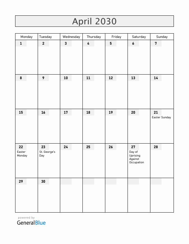Slovenia April 2030 Calendar with Holidays