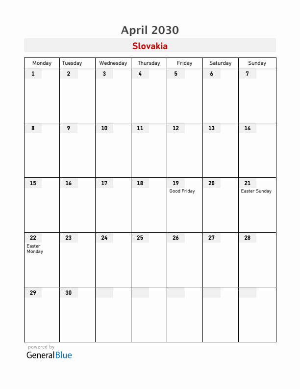 Slovakia April 2030 Calendar with Holidays