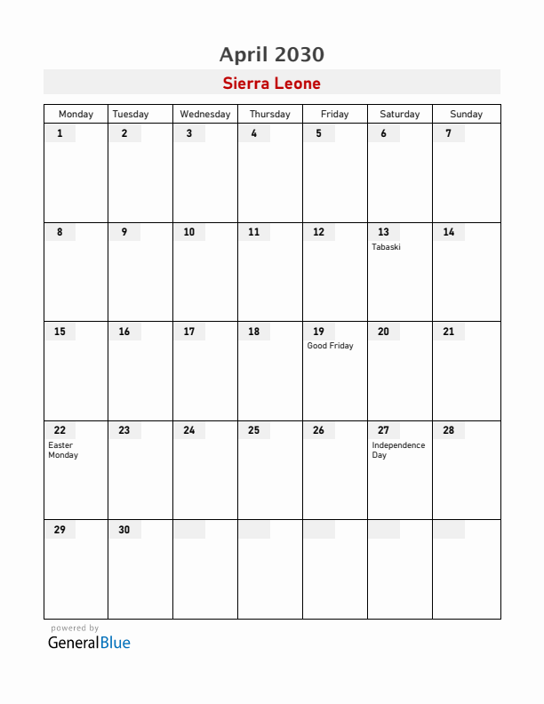 Sierra Leone April 2030 Calendar with Holidays