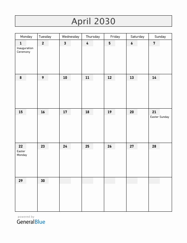San Marino April 2030 Calendar with Holidays