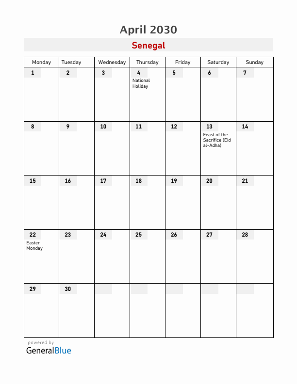 Senegal April 2030 Calendar with Holidays