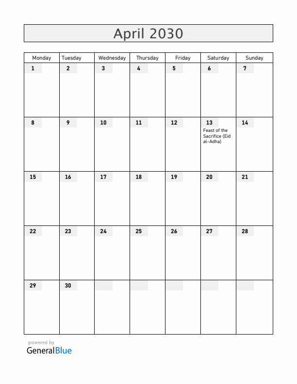 Somalia April 2030 Calendar with Holidays