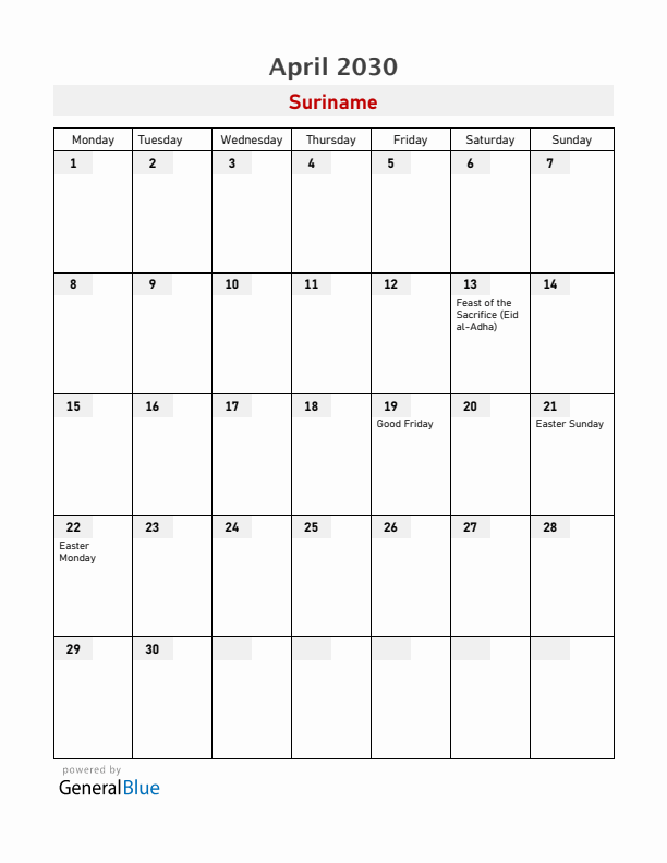 Suriname April 2030 Calendar with Holidays