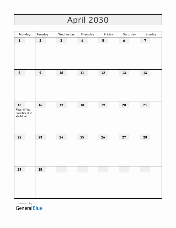 South Sudan April 2030 Calendar with Holidays