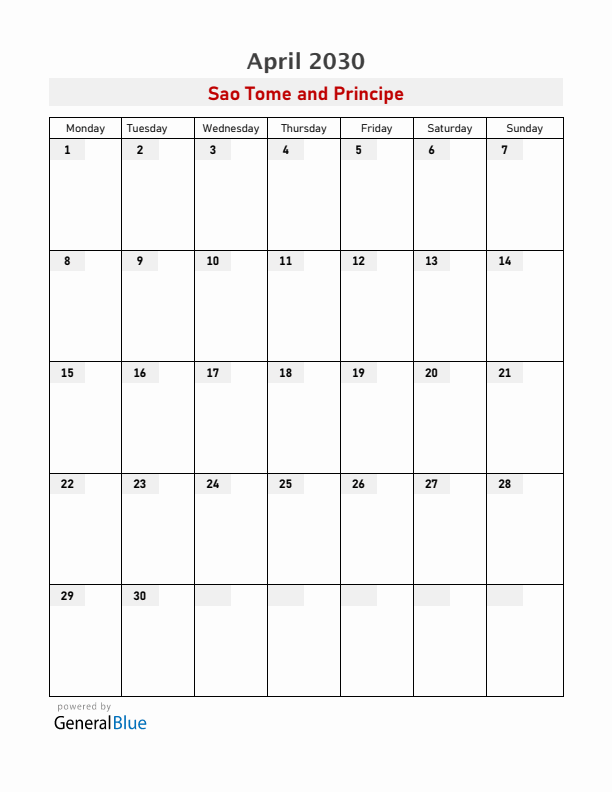 Sao Tome and Principe April 2030 Calendar with Holidays