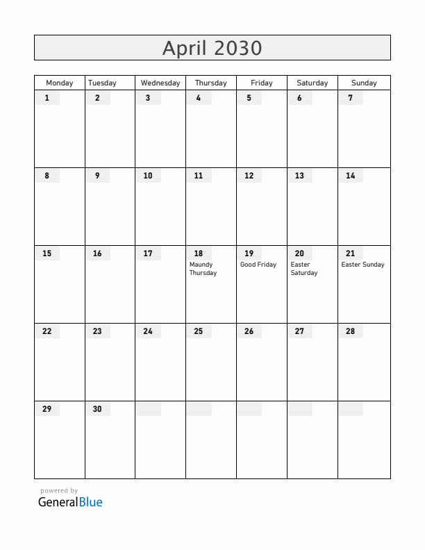 El Salvador April 2030 Calendar with Holidays