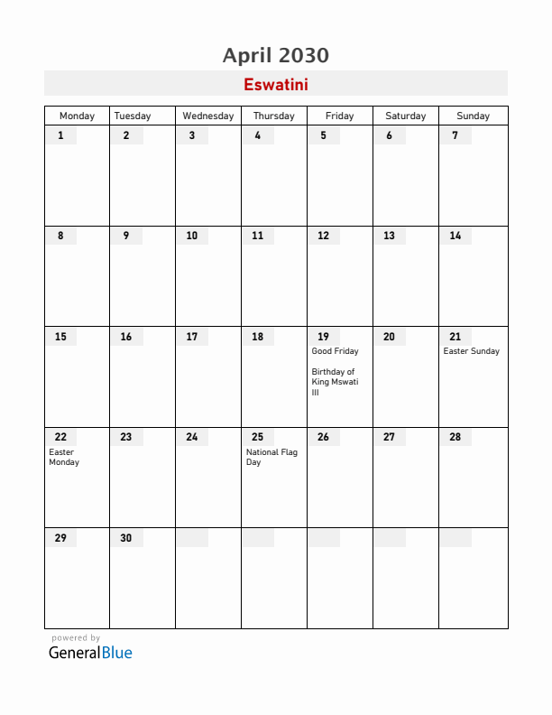 Eswatini April 2030 Calendar with Holidays