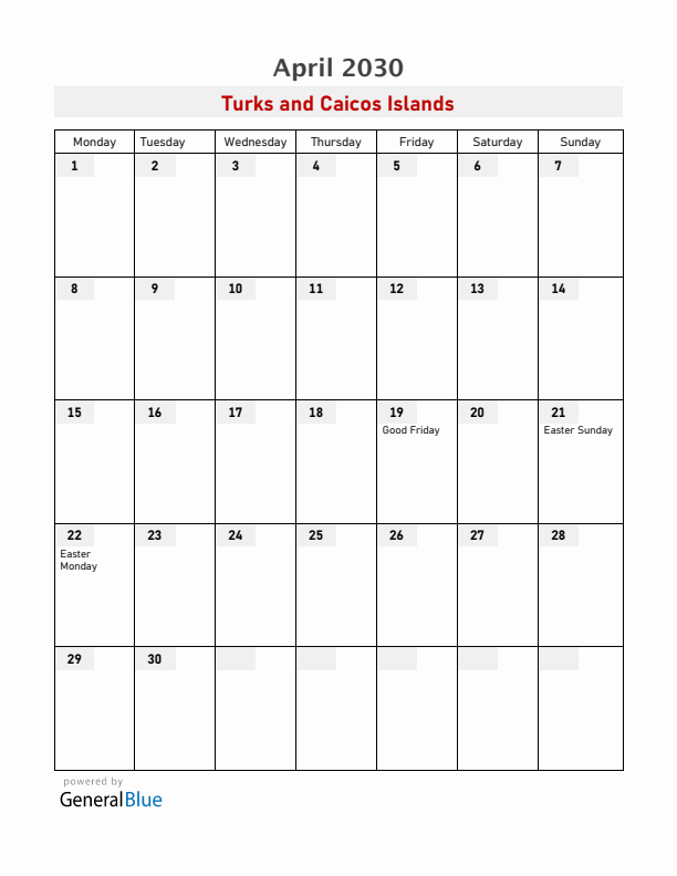 Turks and Caicos Islands April 2030 Calendar with Holidays