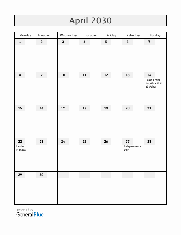 Togo April 2030 Calendar with Holidays