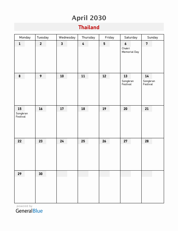 Thailand April 2030 Calendar with Holidays