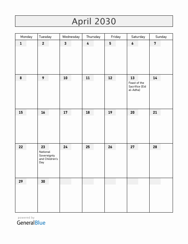Turkey April 2030 Calendar with Holidays