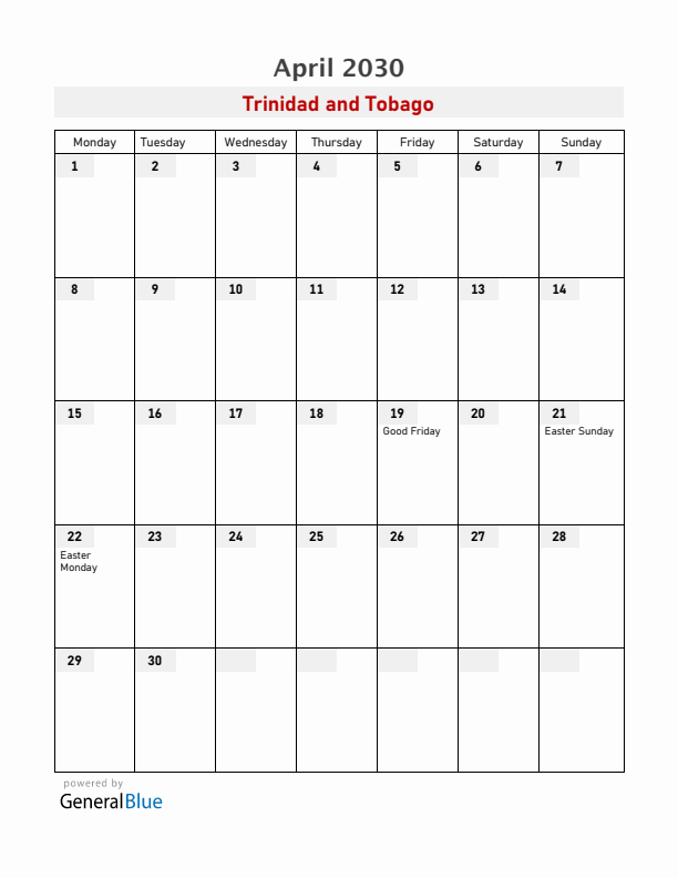 Trinidad and Tobago April 2030 Calendar with Holidays
