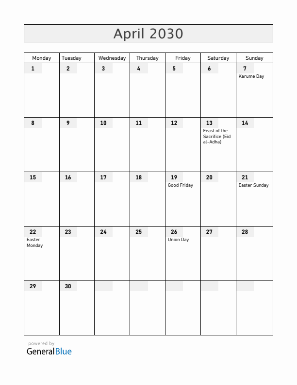 Tanzania April 2030 Calendar with Holidays