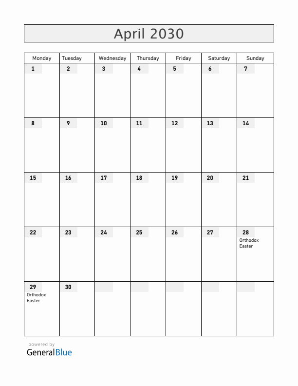 Ukraine April 2030 Calendar with Holidays