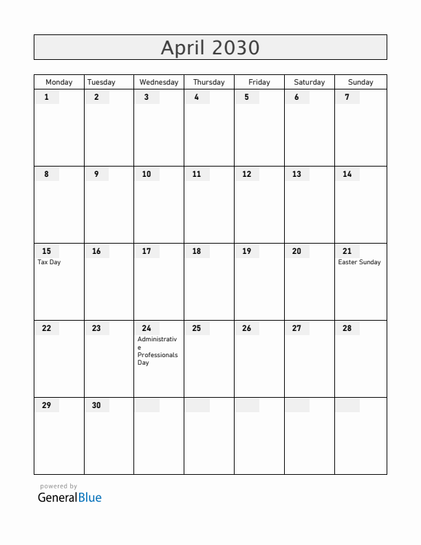United States April 2030 Calendar with Holidays