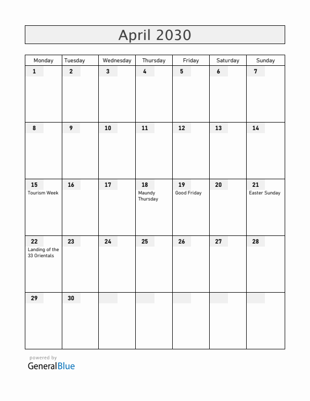 Uruguay April 2030 Calendar with Holidays
