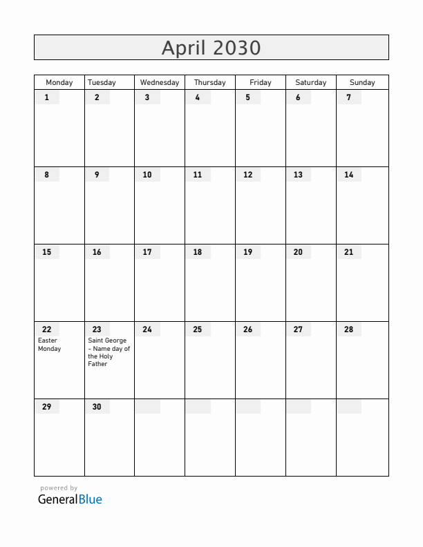 Vatican April 2030 Calendar with Holidays