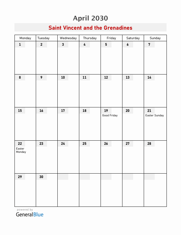 Saint Vincent and the Grenadines April 2030 Calendar with Holidays