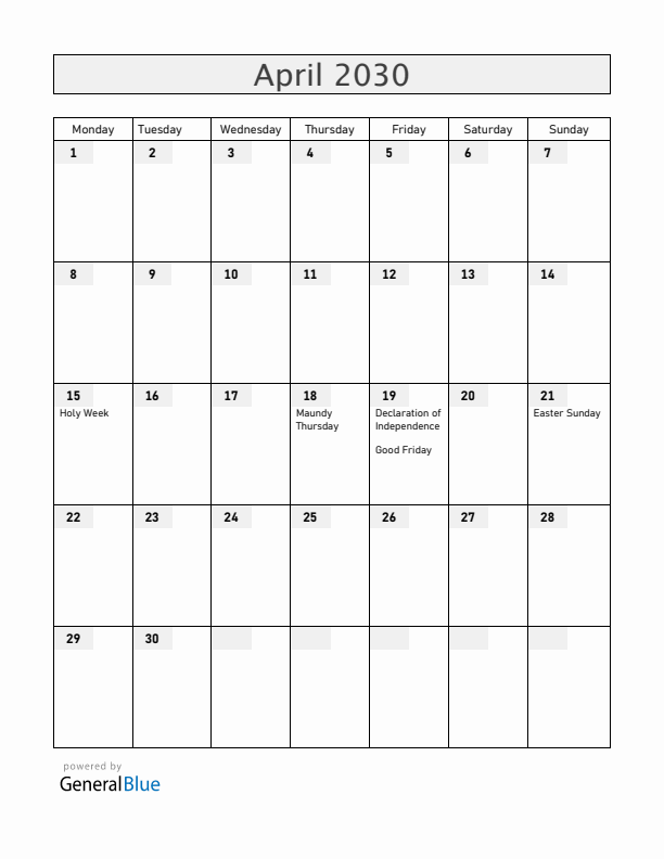 Venezuela April 2030 Calendar with Holidays