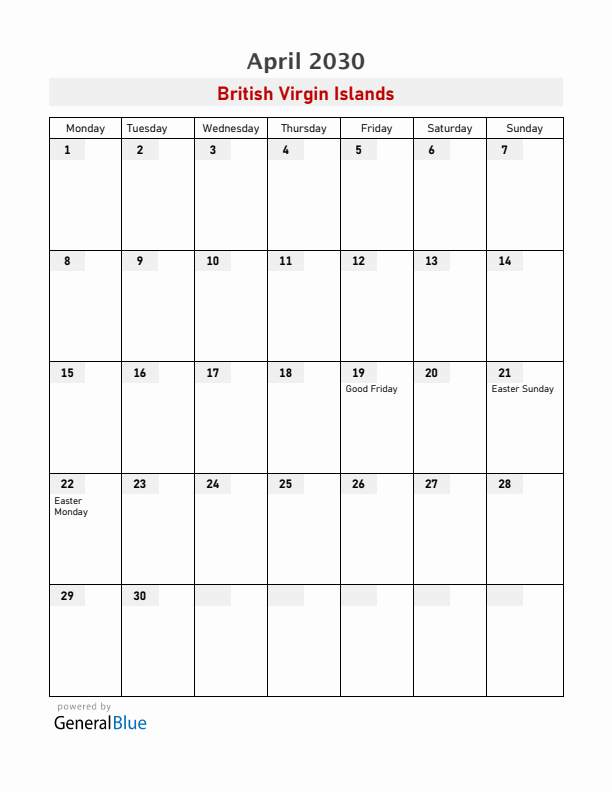British Virgin Islands April 2030 Calendar with Holidays