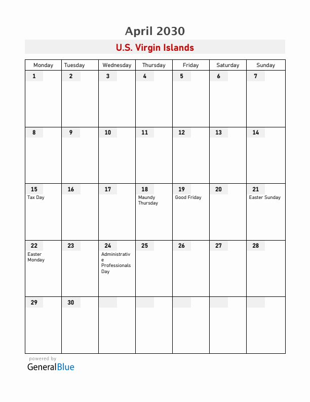 U.S. Virgin Islands April 2030 Calendar with Holidays