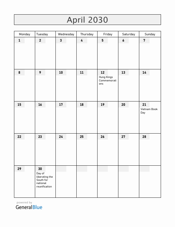 Vietnam April 2030 Calendar with Holidays