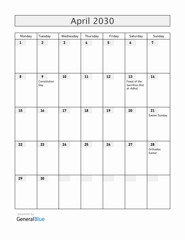 Kosovo April 2030 Calendar with Holidays