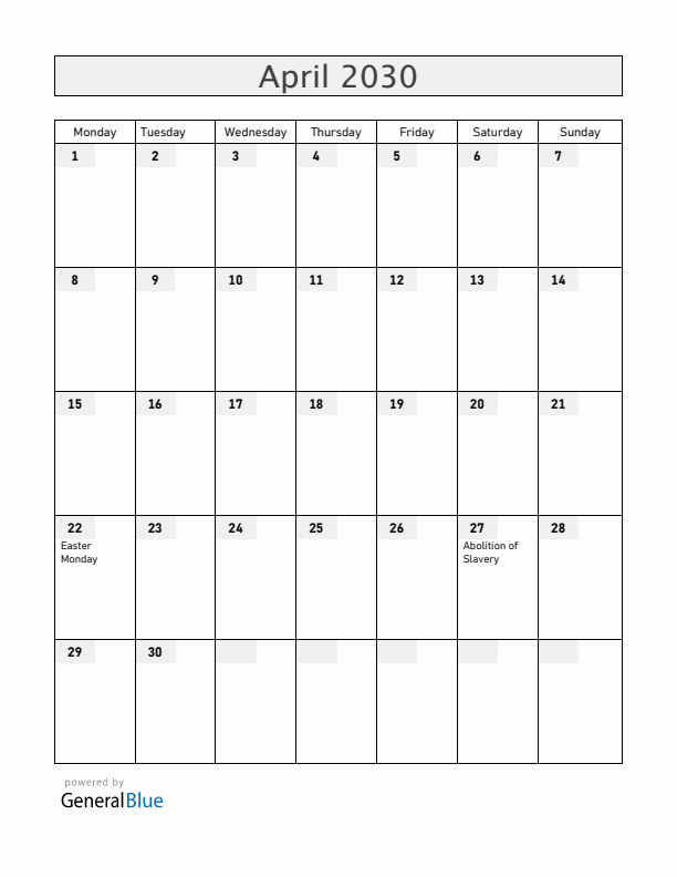 Mayotte April 2030 Calendar with Holidays