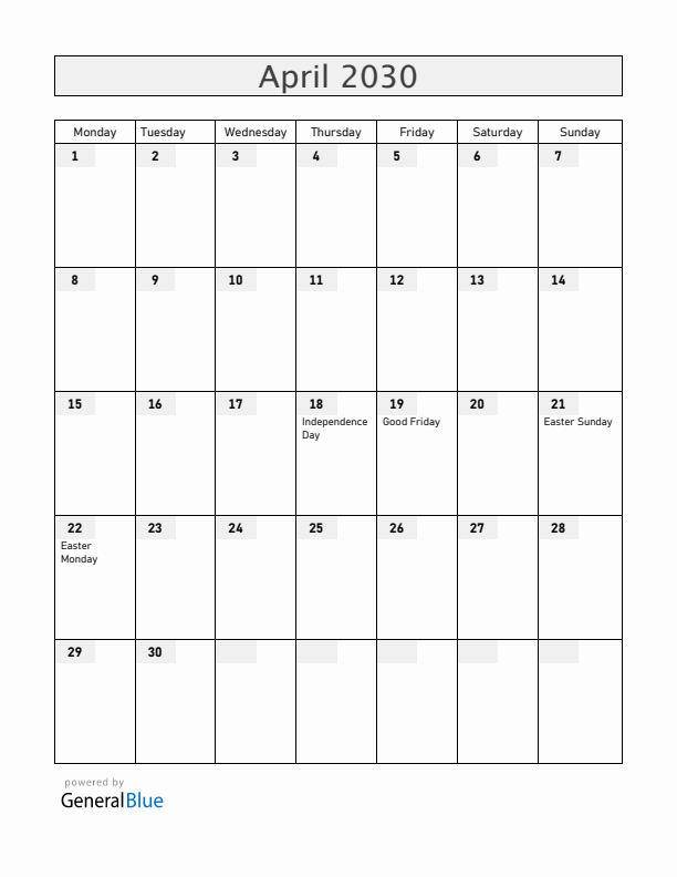 Zimbabwe April 2030 Calendar with Holidays