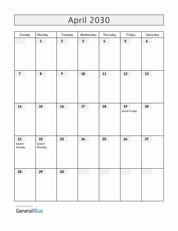 Anguilla April 2030 Calendar with Holidays