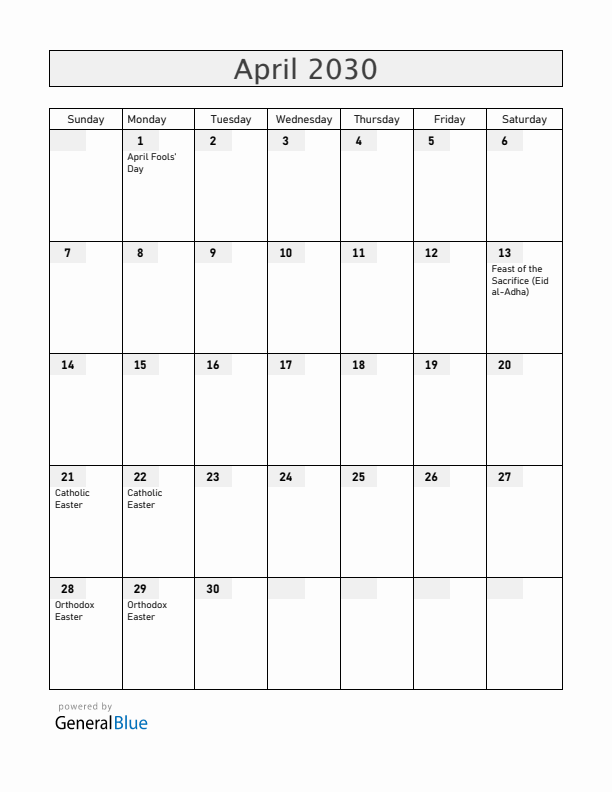 Albania April 2030 Calendar with Holidays