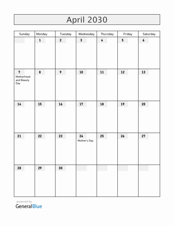 Armenia April 2030 Calendar with Holidays
