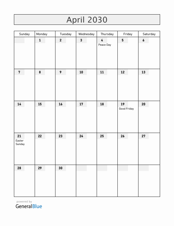 Angola April 2030 Calendar with Holidays