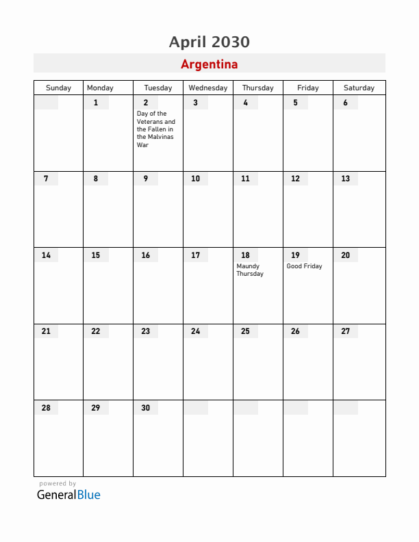 Argentina April 2030 Calendar with Holidays