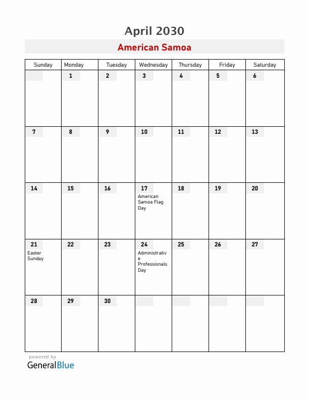 American Samoa April 2030 Calendar with Holidays