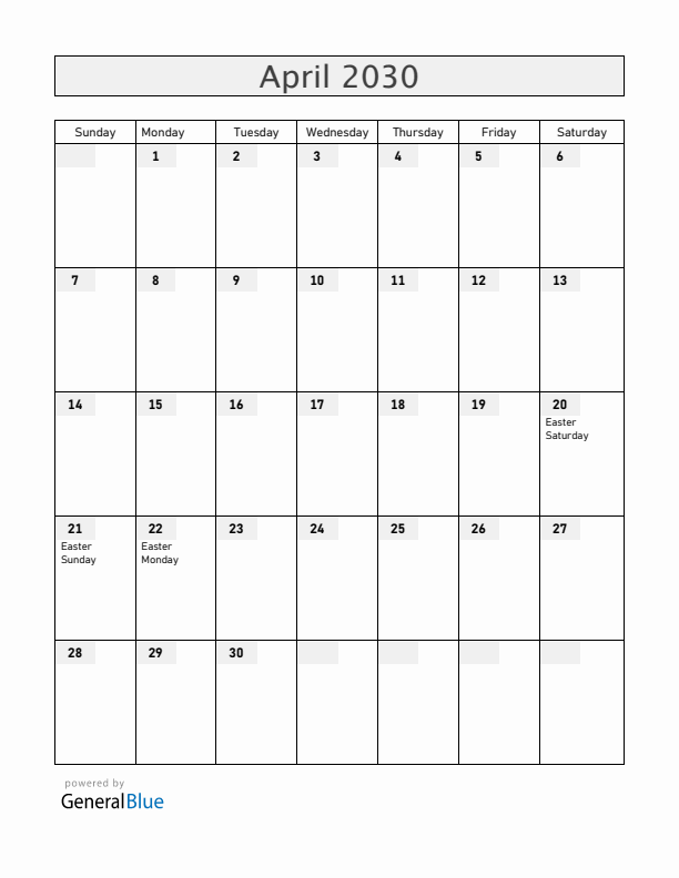 Austria April 2030 Calendar with Holidays