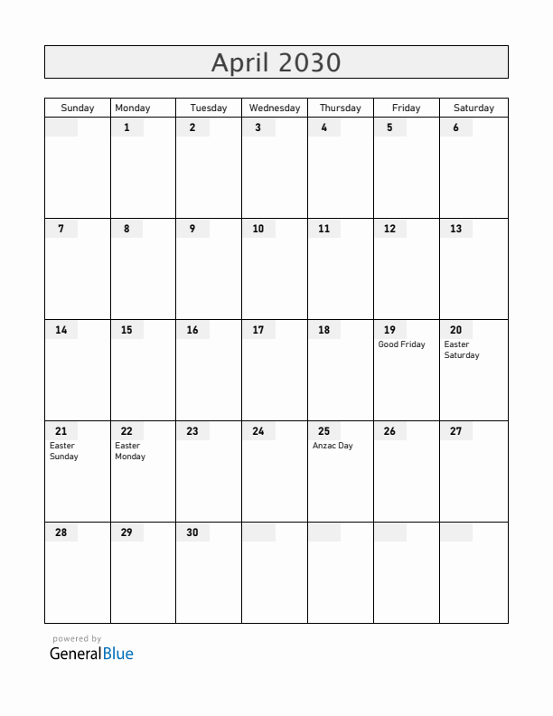 Australia April 2030 Calendar with Holidays