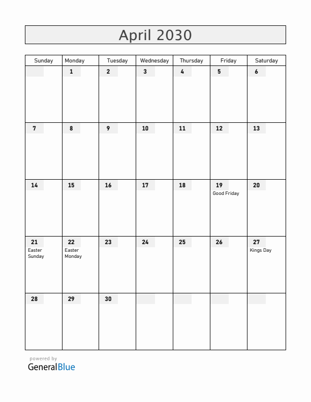Aruba April 2030 Calendar with Holidays