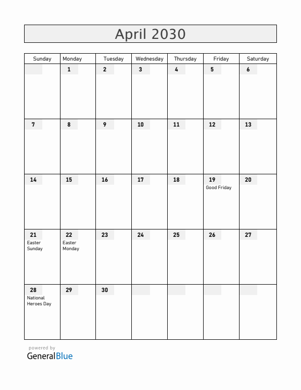 Barbados April 2030 Calendar with Holidays