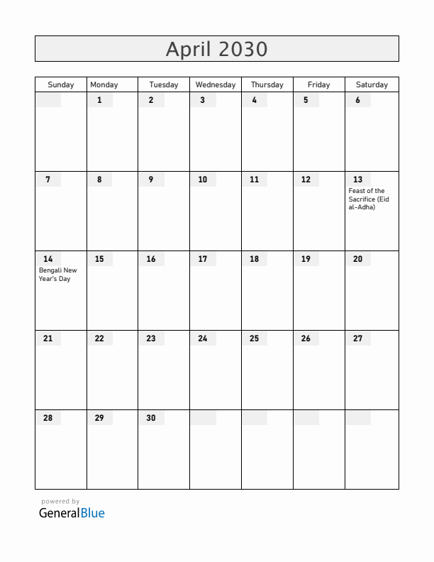 Bangladesh April 2030 Calendar with Holidays