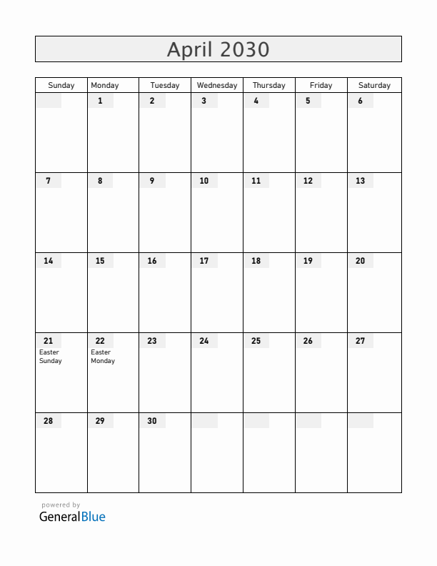Belgium April 2030 Calendar with Holidays