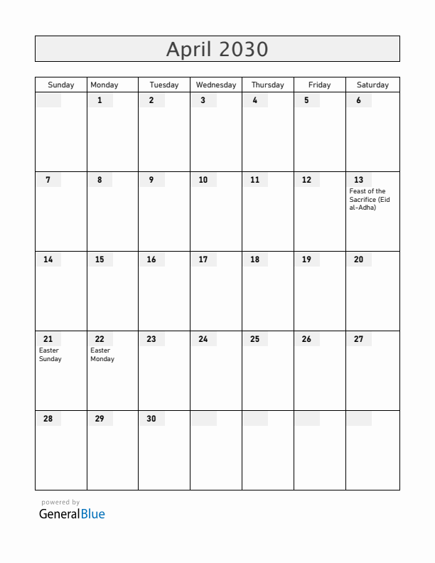 Burkina Faso April 2030 Calendar with Holidays