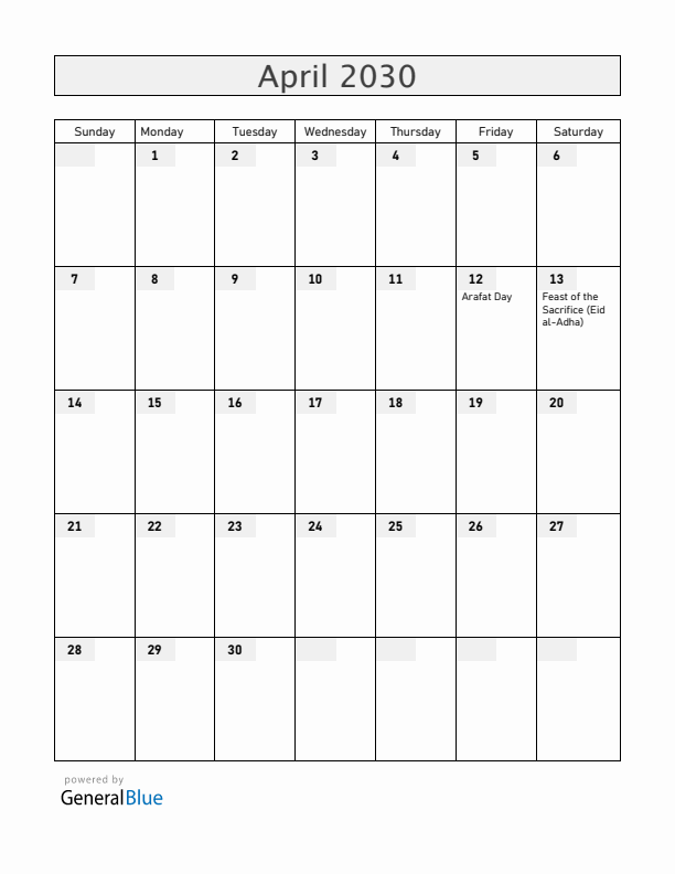 Bahrain April 2030 Calendar with Holidays