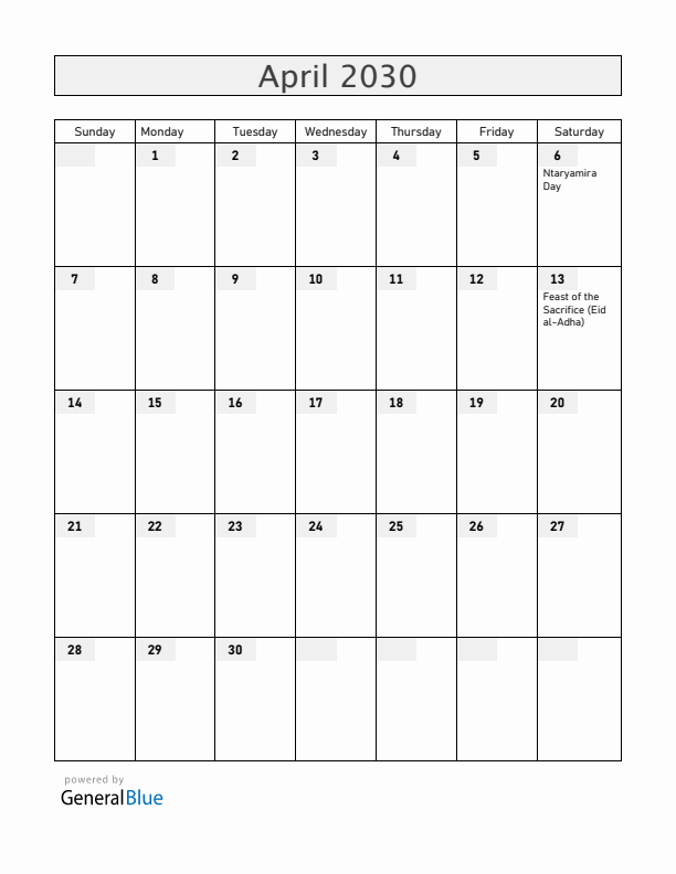 Burundi April 2030 Calendar with Holidays